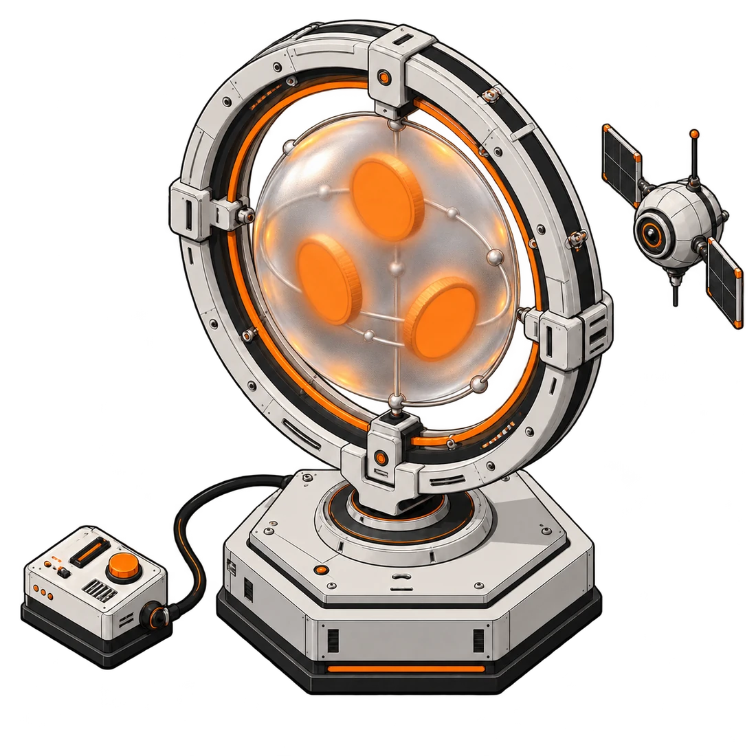 The same machinery with a frosted privacy sphere integrated around its assets