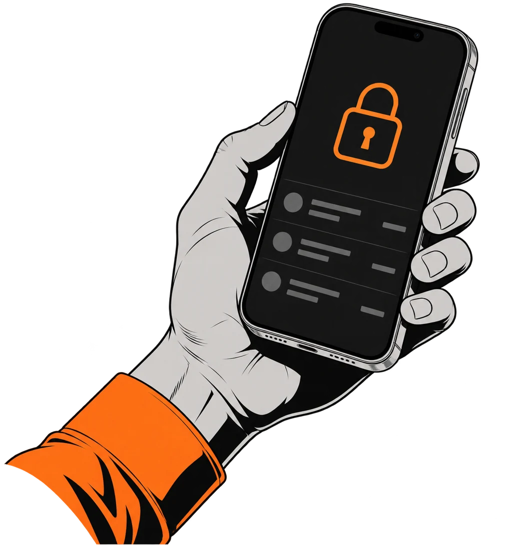 Editorial illustration of a hand holding a phone with a protected wallet